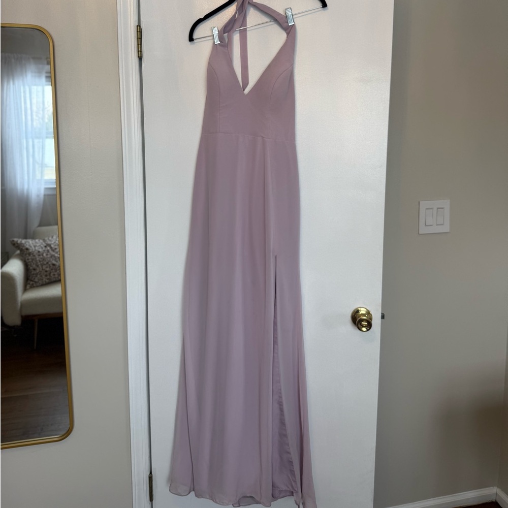 Azazie Frosted Lilac Backless Halter Dress with Slit